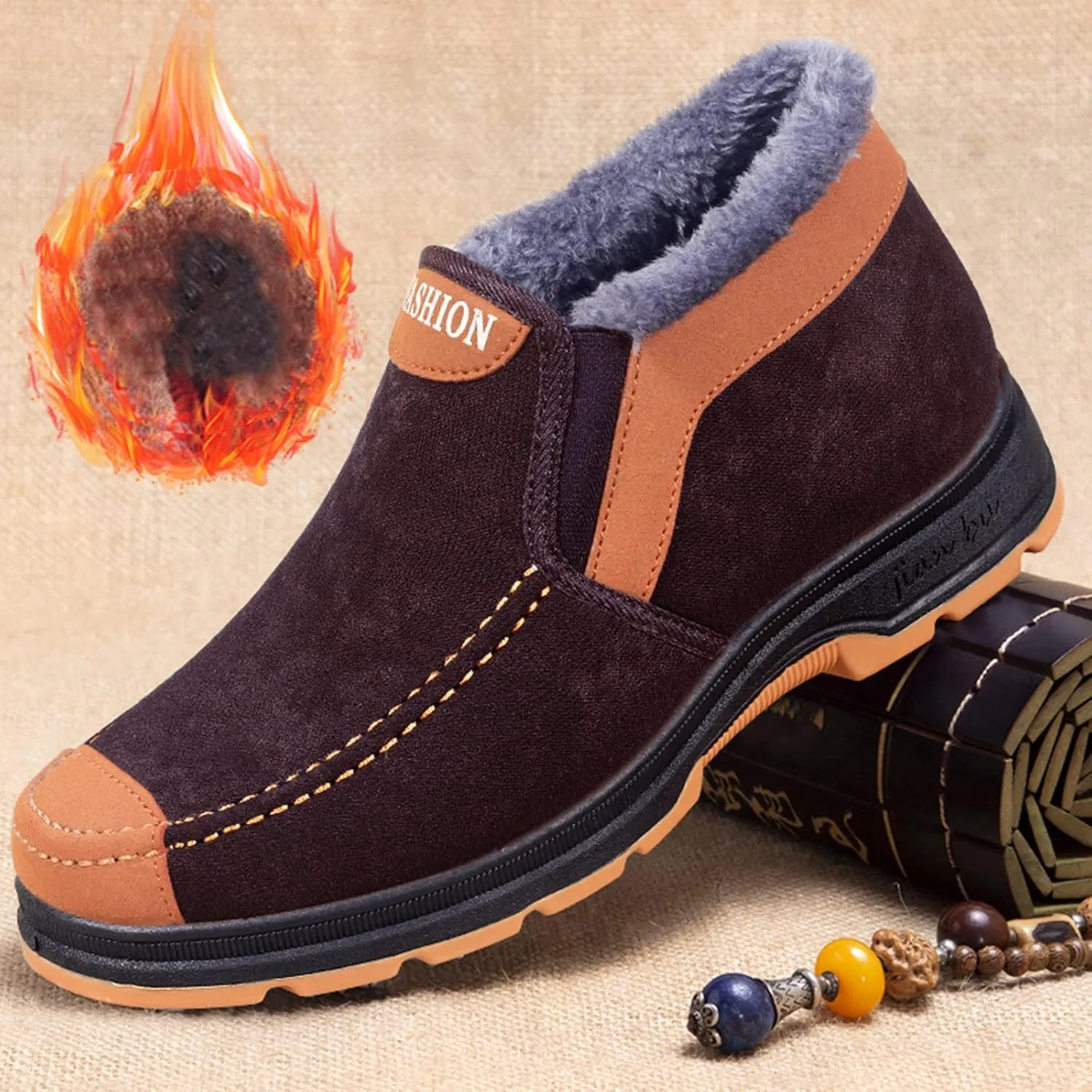 Winter Shoes for Men Fur Warm Non-Slip Outdoor Casual Lined Booties Slip on Winter Boots Snow Shoes for Men