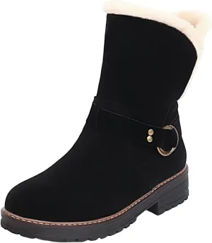 Winter Snow Boots For Women Fashion Casual Platform Boots Non Slip Warm Suede Slip On Ankle Booties with Fleece Lined Cozy Low Chunky Heels Mid Calf Winter Boots for Christmas Outdoor Party