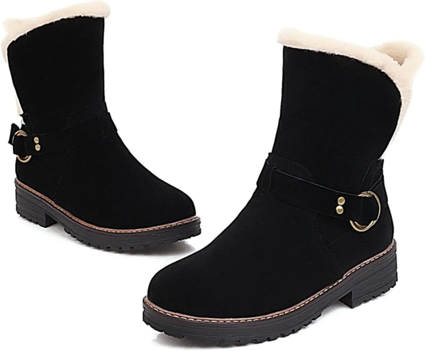 Winter Snow Boots For Women Fashion Casual Platform Boots Non Slip Warm Suede Slip On Ankle Booties with Fleece Lined Cozy Low Chunky Heels Mid Calf Winter Boots for Christmas Outdoor Party