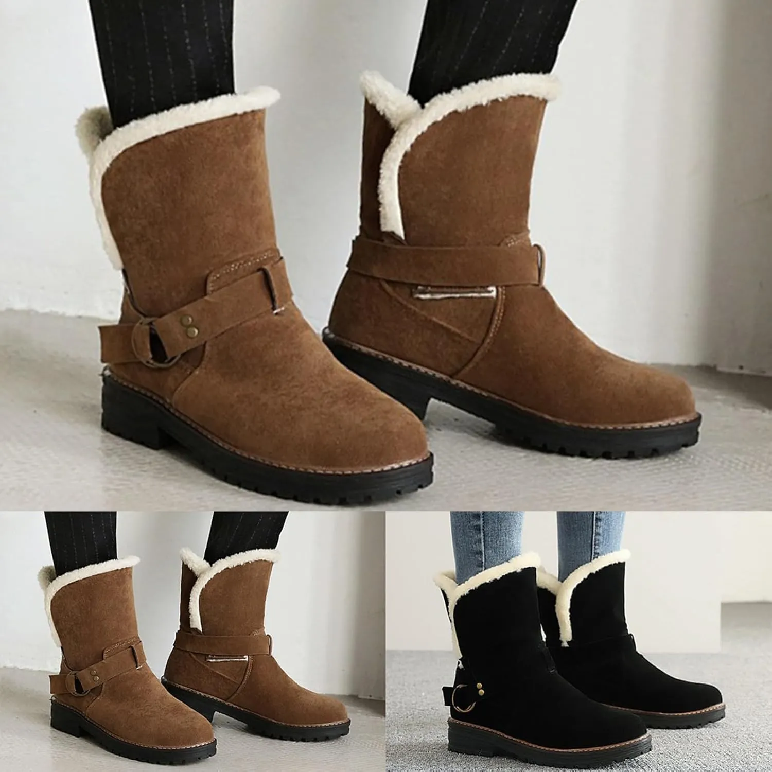 Winter Snow Boots For Women Fashion Casual Platform Boots Non Slip Warm Suede Slip On Ankle Booties with Fleece Lined Cozy Low Chunky Heels Mid Calf Winter Boots for Christmas Outdoor Party