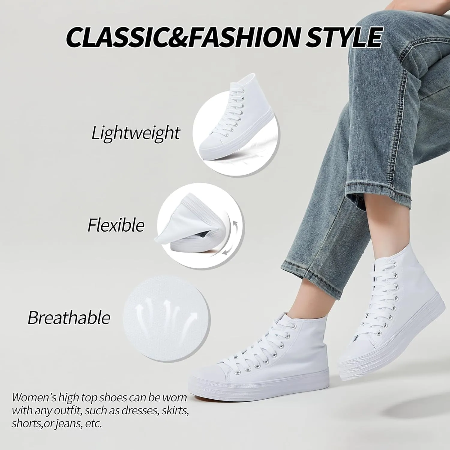 Witwatia Women's High Top Canvas Shoes Black White Fashion Sneakers for Women Comfortable Lace Up Walking Shoes