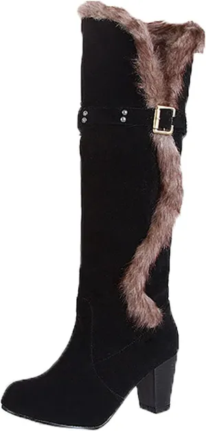 wodceeke Women's Winter Warm Knee High Boots Fur Lined Snow Boots Chunky High Heel Wide Width Buckle Suede Boots