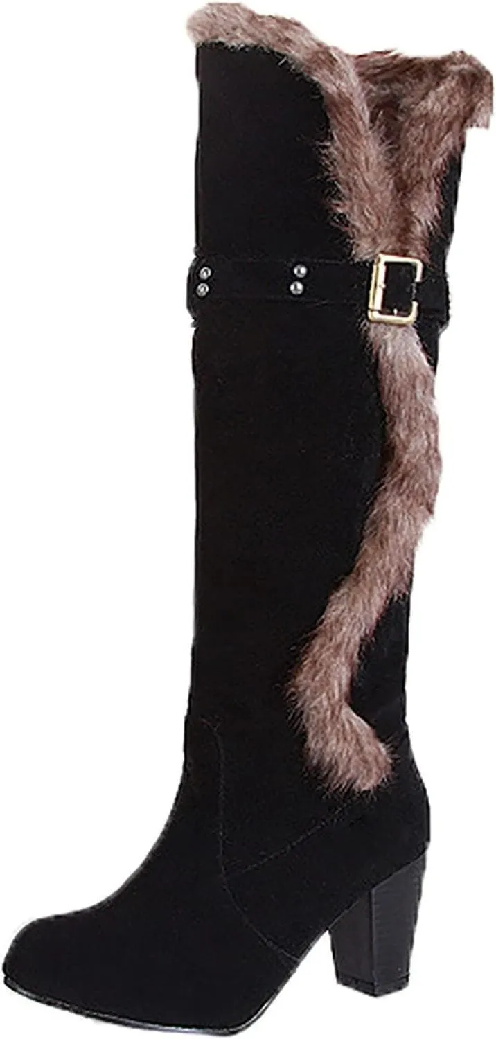 wodceeke Women's Winter Warm Knee High Boots Fur Lined Snow Boots Chunky High Heel Wide Width Buckle Suede Boots