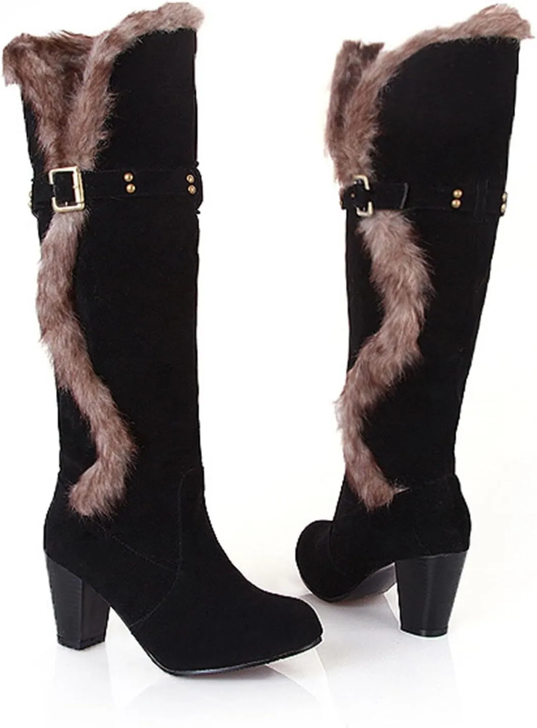 wodceeke Women's Winter Warm Knee High Boots Fur Lined Snow Boots Chunky High Heel Wide Width Buckle Suede Boots