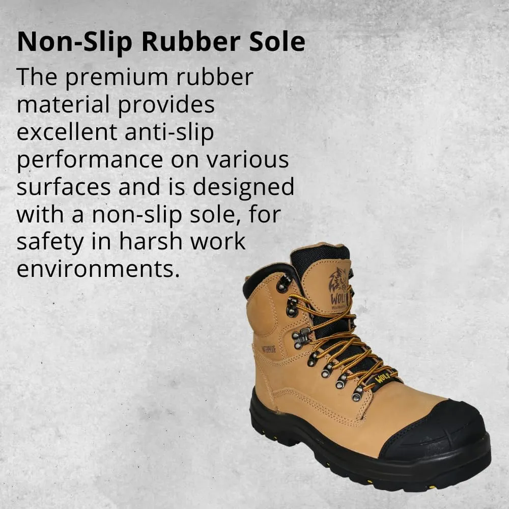 Wolf Work Boot | 100% Waterproof Genuine Upper Leather | Oil, Heat, Chemical, Abrasion Resistant | Electrical Hazards | Non-Slip Rubber Sole | Soft Toe | Padded Collar | Construction | Industrial PPE