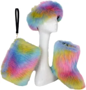 Women Faux Fur Boots,Fashion Women Wallet Purse,Fur Headbands Sets Winter Faux Fur Snow Boots Fluffy Handbag Furry Headband Three-Piece Kit Rainbow Color