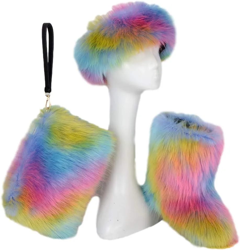 Women Faux Fur Boots,Fashion Women Wallet Purse,Fur Headbands Sets Winter Faux Fur Snow Boots Fluffy Handbag Furry Headband Three-Piece Kit Rainbow Color