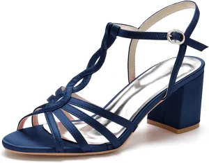 Women Heeled Sandals Strappy Heels Round Open Toe Chunky Block Heel T-Strap Sandals for Women Comfortable Heels