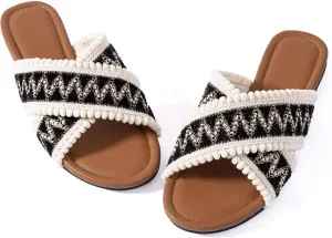 Women Slides Sandals Braided Summer Bohemian Dressy Vacation Beach Comfy Slip On Flat