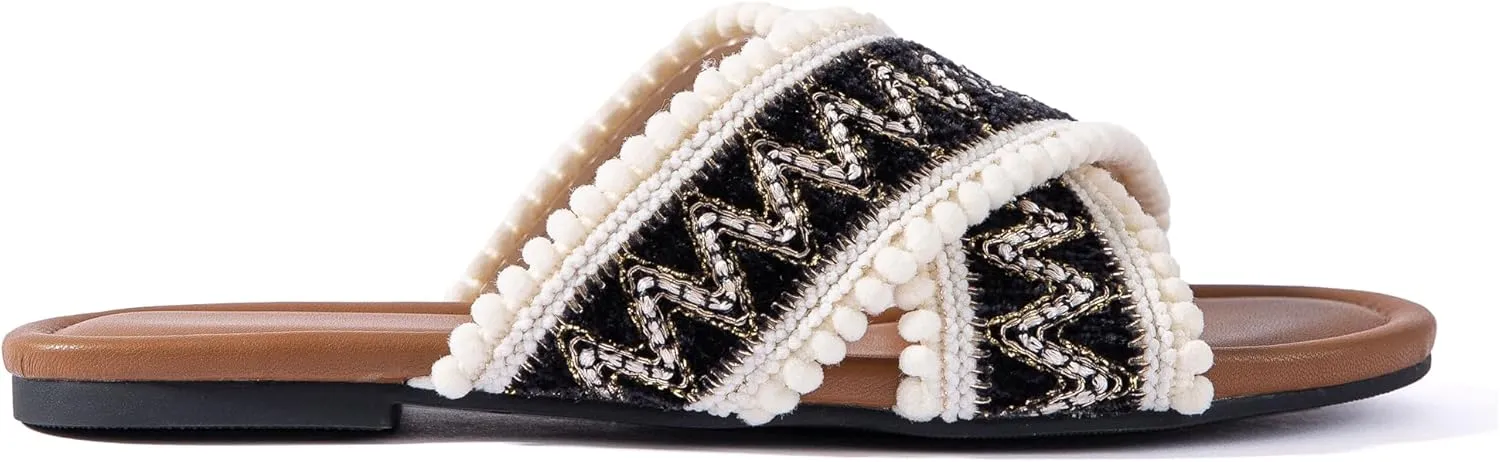 Women Slides Sandals Braided Summer Bohemian Dressy Vacation Beach Comfy Slip On Flat