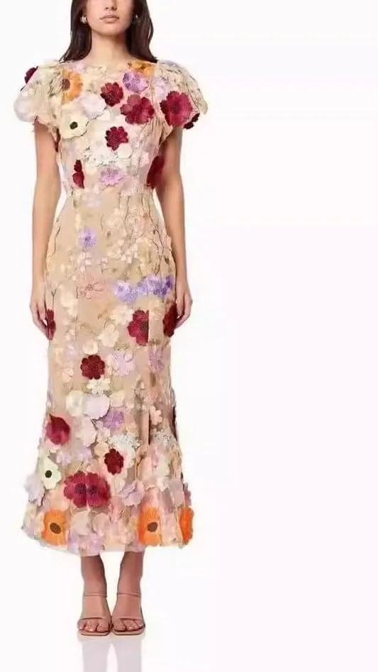 Women's 3D Floral Embroidery Dress 2025 Bodycon Ruffle Sleeve Fishtail Lace Cocktail Party Mixi Dresses