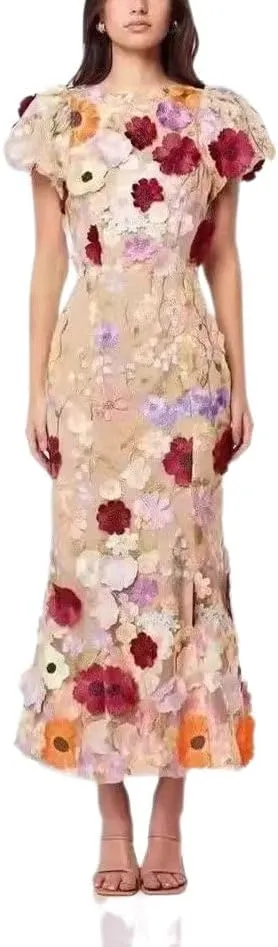 Women's 3D Floral Embroidery Dress 2025 Bodycon Ruffle Sleeve Fishtail Lace Cocktail Party Mixi Dresses