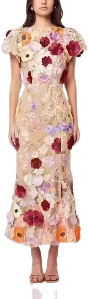 Women's 3D Floral Embroidery Dress 2025 Bodycon Ruffle Sleeve Fishtail Lace Cocktail Party Mixi Dresses