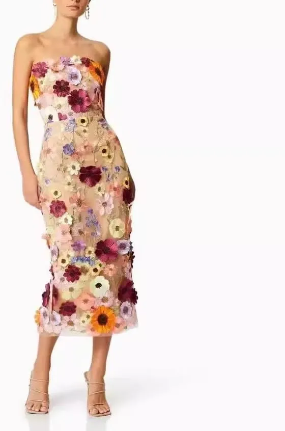 Women's 3D Floral Embroidery Dress 2025 Bodycon Ruffle Sleeve Fishtail Lace Cocktail Party Mixi Dresses