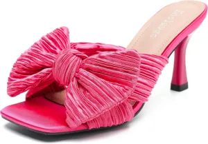 Women's Bow Knot Heeled Sandals Open Toe Low Kitten Heels Mules Sandals Slip On Pleated Wedding Bridal Party Dress Shoes