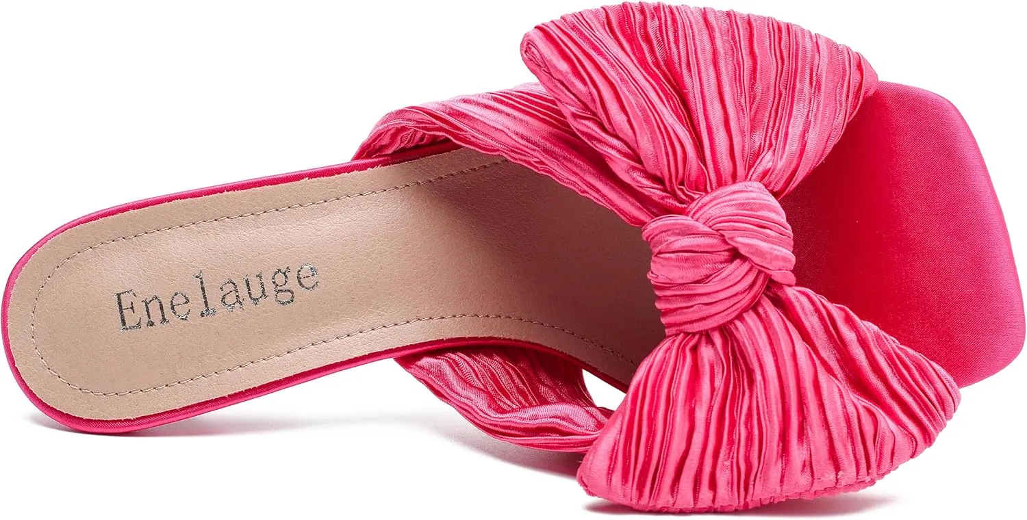 Women's Bow Knot Heeled Sandals Open Toe Low Kitten Heels Mules Sandals Slip On Pleated Wedding Bridal Party Dress Shoes