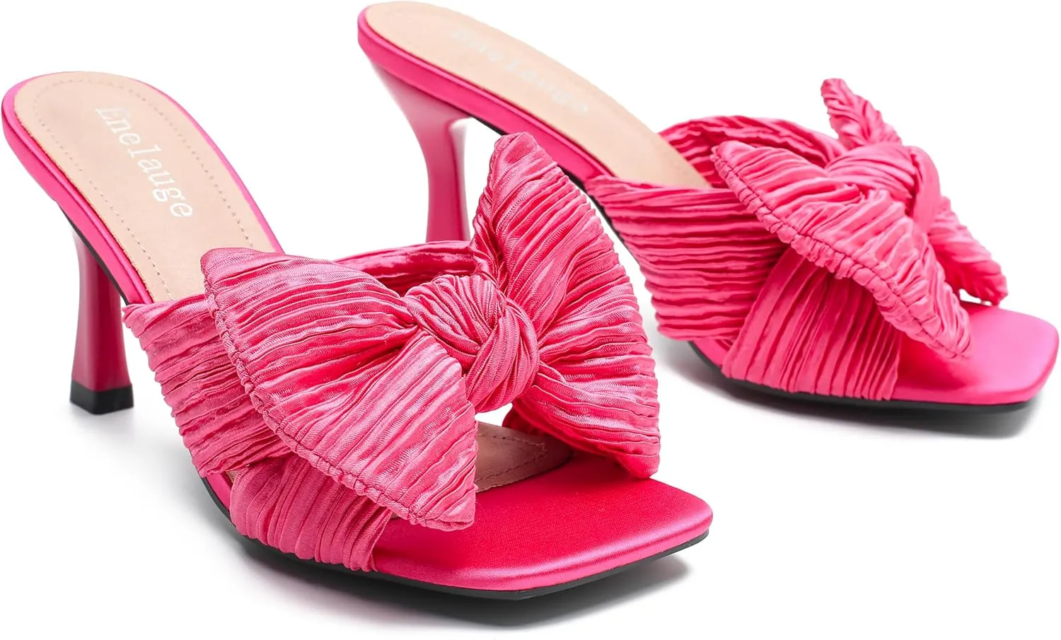 Women's Bow Knot Heeled Sandals Open Toe Low Kitten Heels Mules Sandals Slip On Pleated Wedding Bridal Party Dress Shoes