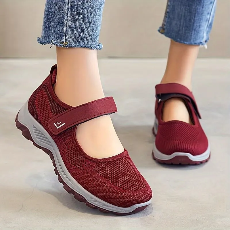 Women's Breathable Knit Sneakers - Casual Low-Top Running & Walking Shoes with Hook-and-Loop Fastener Closure, Comfortable Rubber Sole