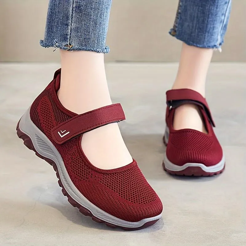 Women's Breathable Knit Sneakers - Casual Low-Top Running & Walking Shoes with Hook-and-Loop Fastener Closure, Comfortable Rubber Sole