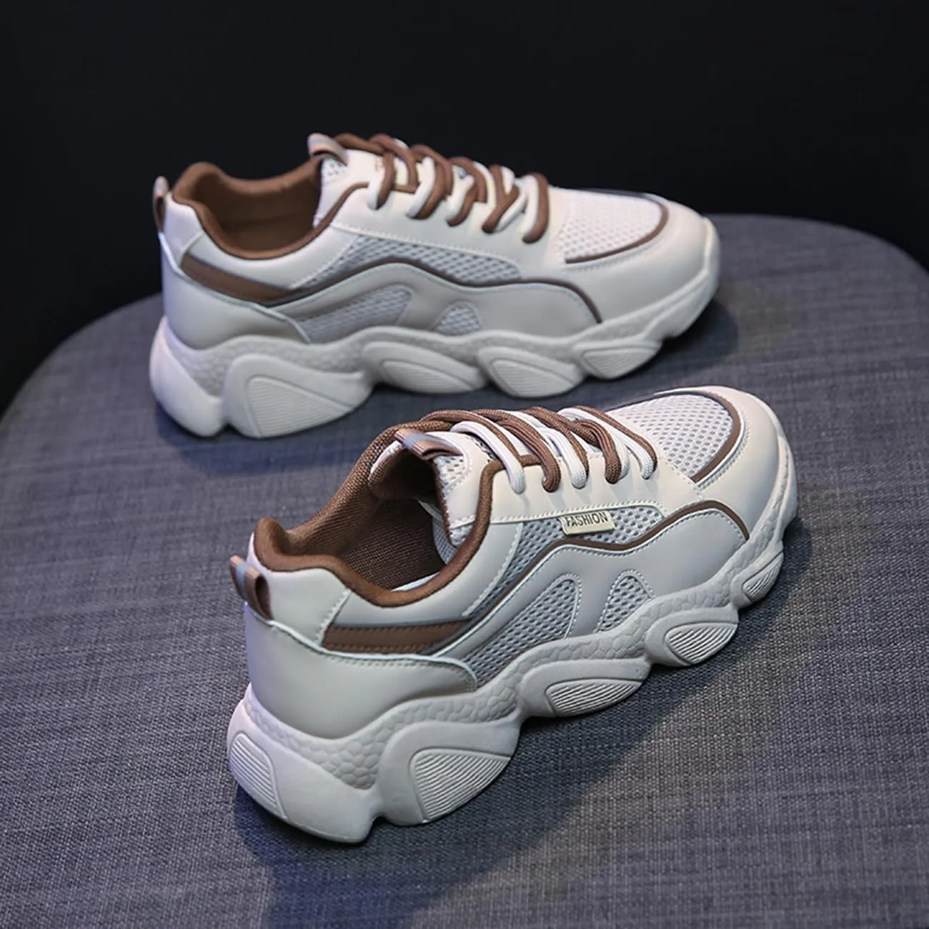 Women's Breathable Mesh Platform Sneakers Fashion Lace-Up White Casual Shoes for Walking & Campus Wear