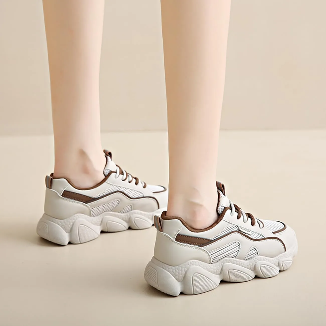 Women's Breathable Mesh Platform Sneakers Fashion Lace-Up White Casual Shoes for Walking & Campus Wear