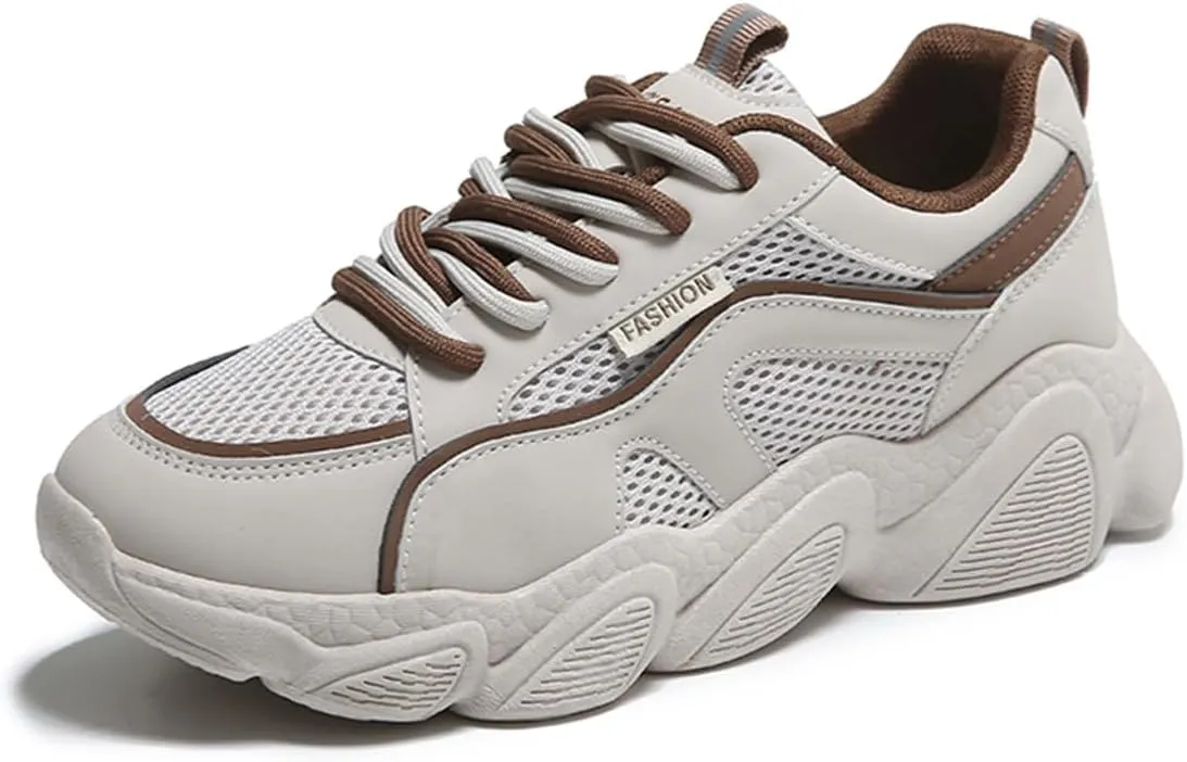 Women's Breathable Mesh Platform Sneakers Fashion Lace-Up White Casual Shoes for Walking & Campus Wear