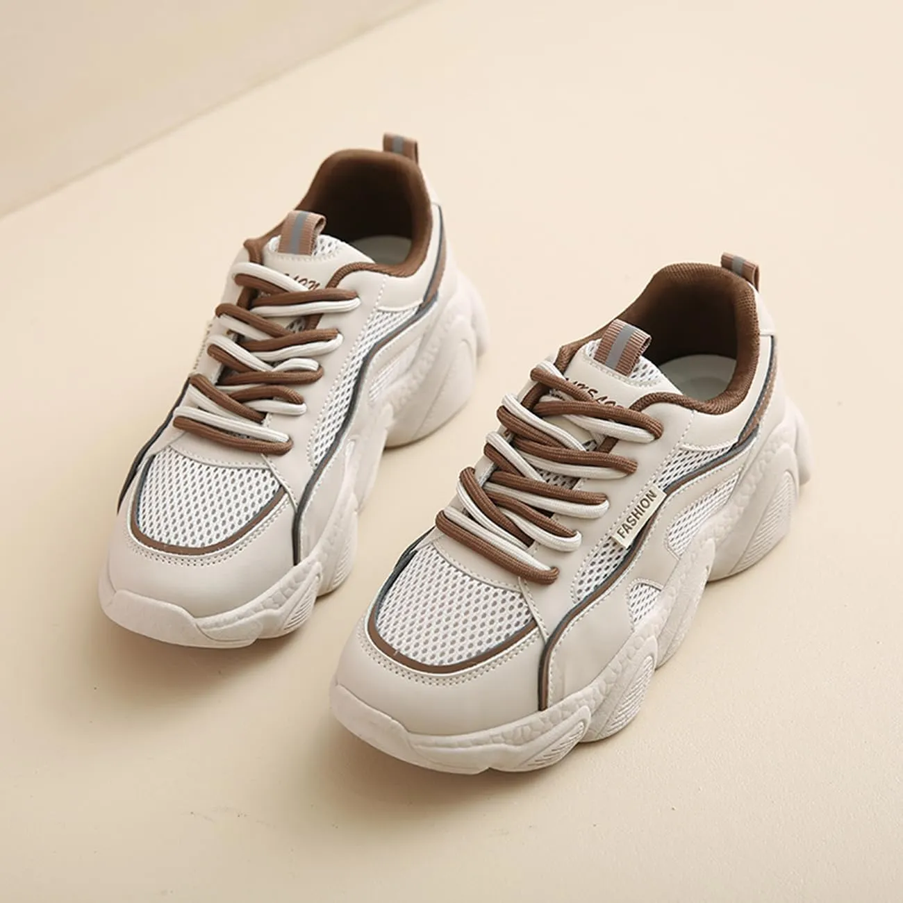 Women's Breathable Mesh Platform Sneakers Fashion Lace-Up White Casual Shoes for Walking & Campus Wear