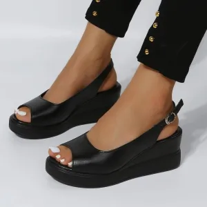 Womens Casual Orthopedic Wedge Sandals Open Toe Vintage Summer Dressy Fashion Leather Comfortable Slip on Wedge Slides Sandals Fish Mouth Beach Vacation Walking Sandal with Arch Support