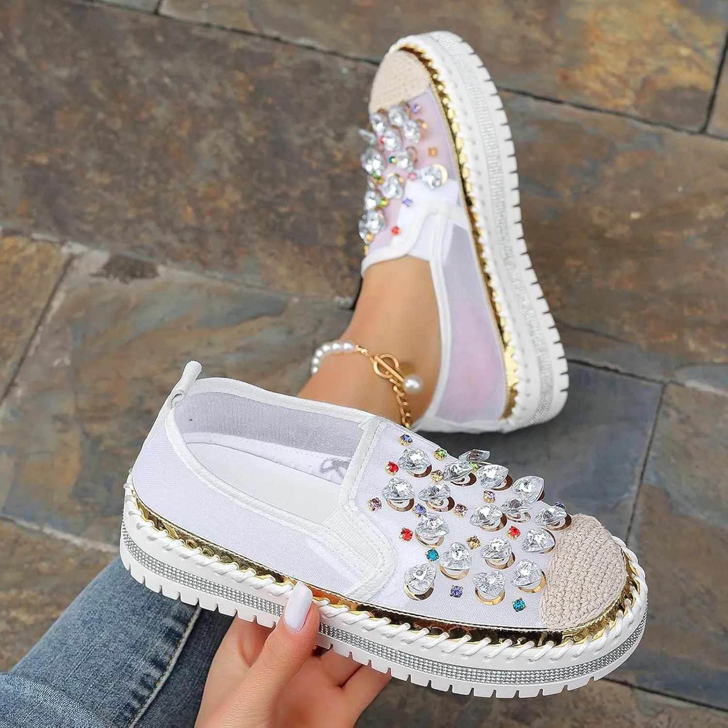 Women's Casual Slip On Loafers Fashion Breathable Mesh Platform Shoes with Rhinestone Decorations for Spring