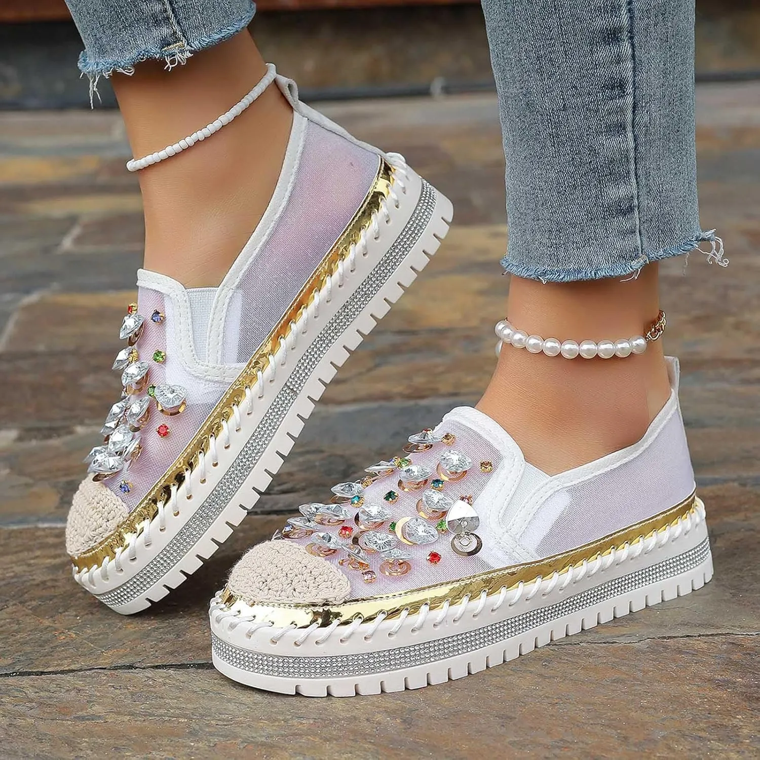 Women's Casual Slip On Loafers Fashion Breathable Mesh Platform Shoes with Rhinestone Decorations for Spring