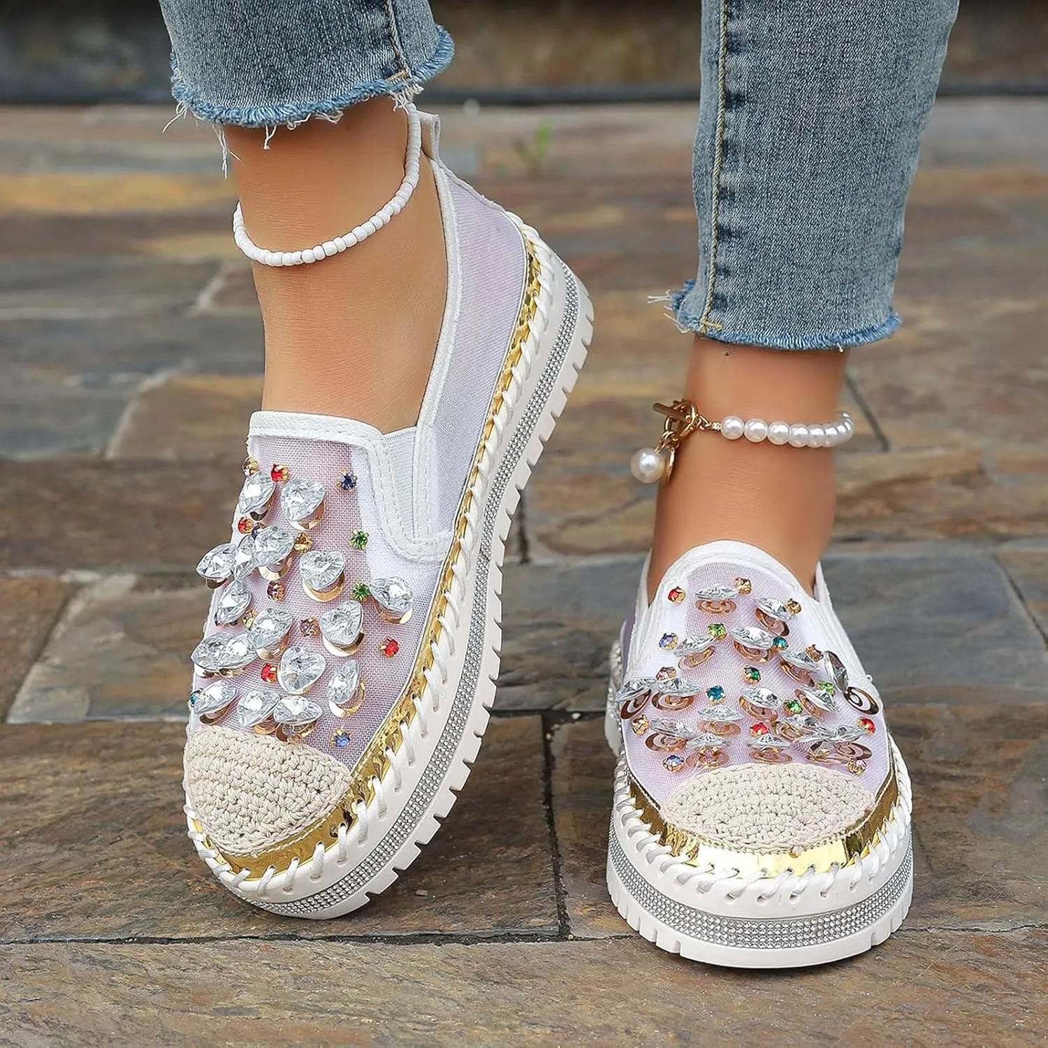 Women's Casual Slip On Loafers Fashion Breathable Mesh Platform Shoes with Rhinestone Decorations for Spring