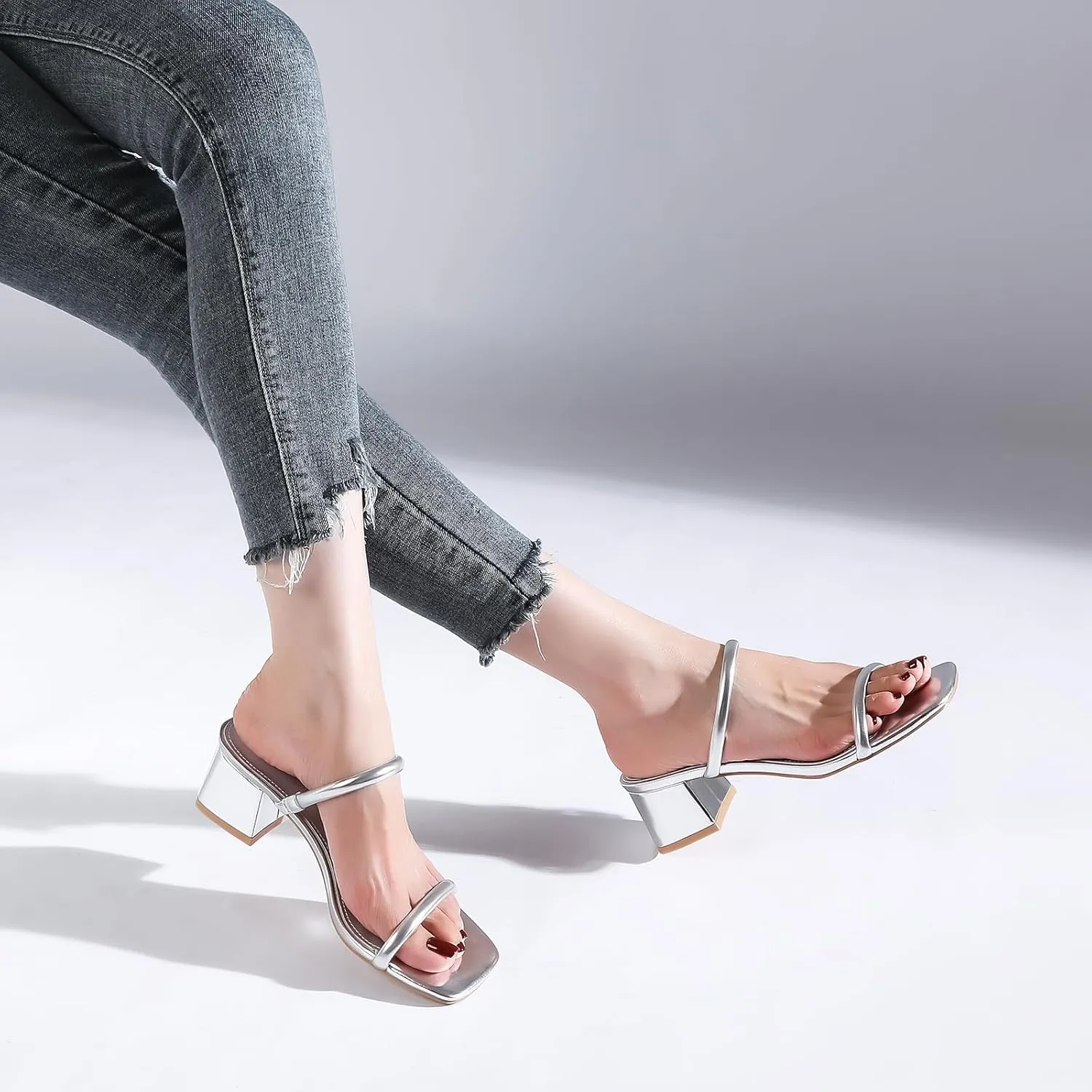Women's Chunky Block Low Heeled Sandals Two Strap Square Open Toe Slip On Mule Heels