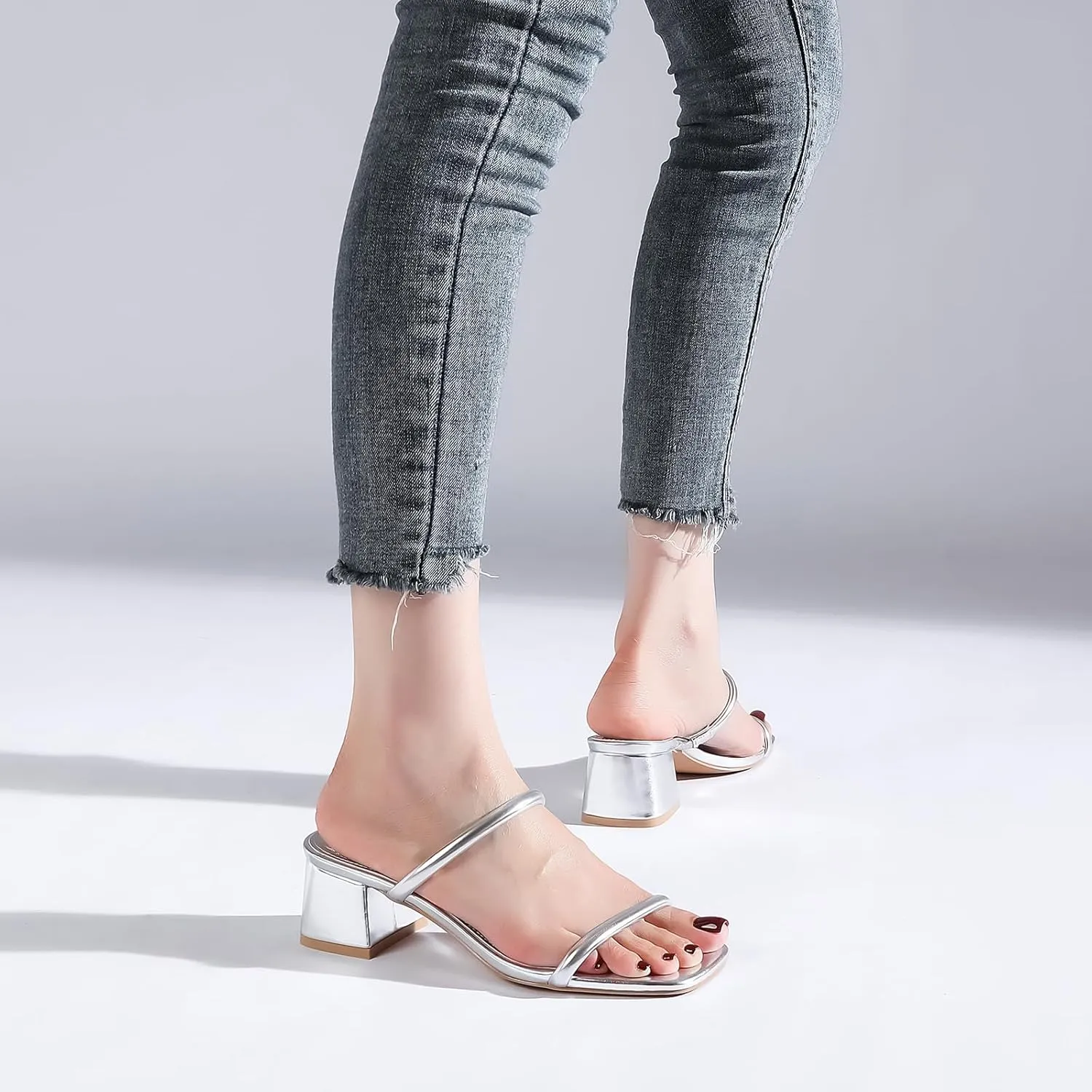 Women's Chunky Block Low Heeled Sandals Two Strap Square Open Toe Slip On Mule Heels
