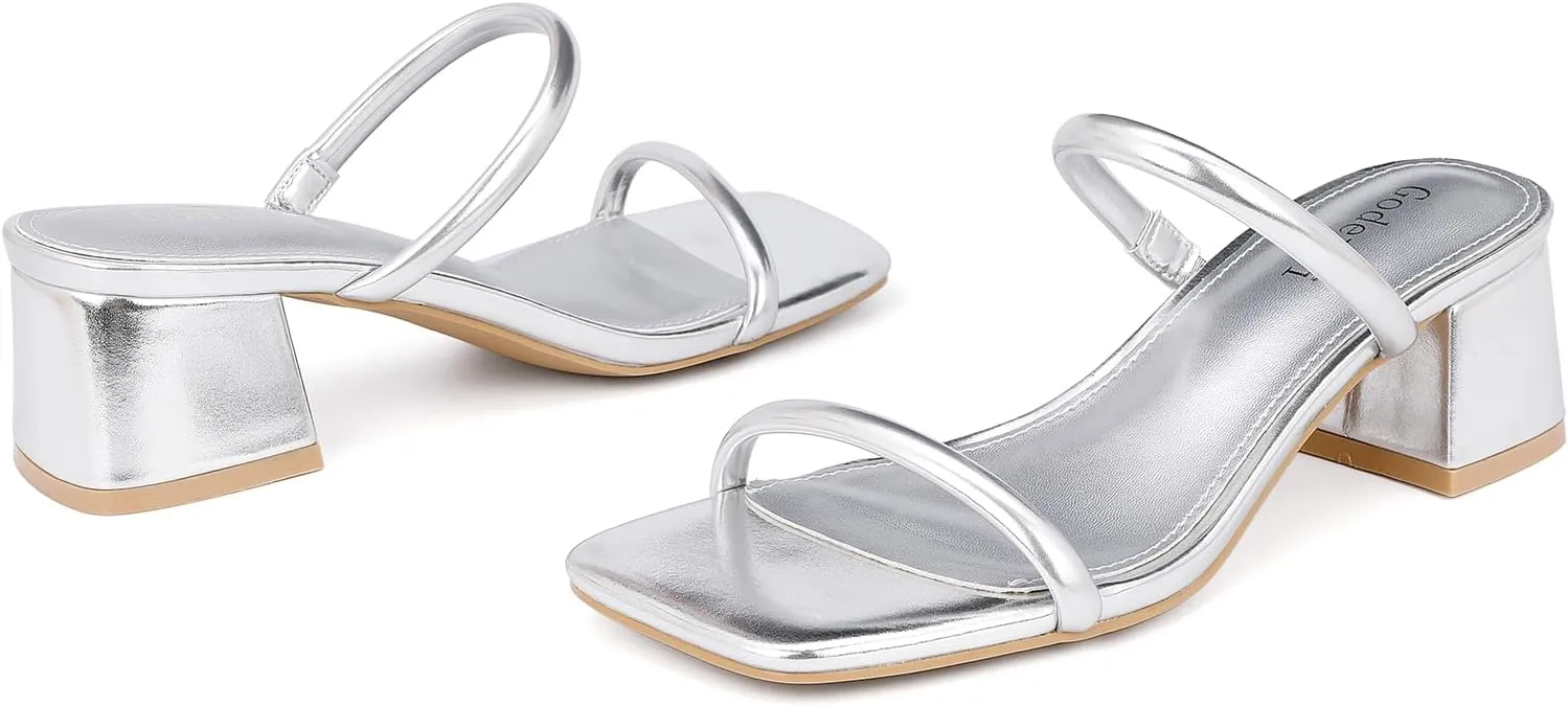 Women's Chunky Block Low Heeled Sandals Two Strap Square Open Toe Slip On Mule Heels