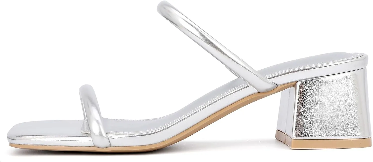 Women's Chunky Block Low Heeled Sandals Two Strap Square Open Toe Slip On Mule Heels