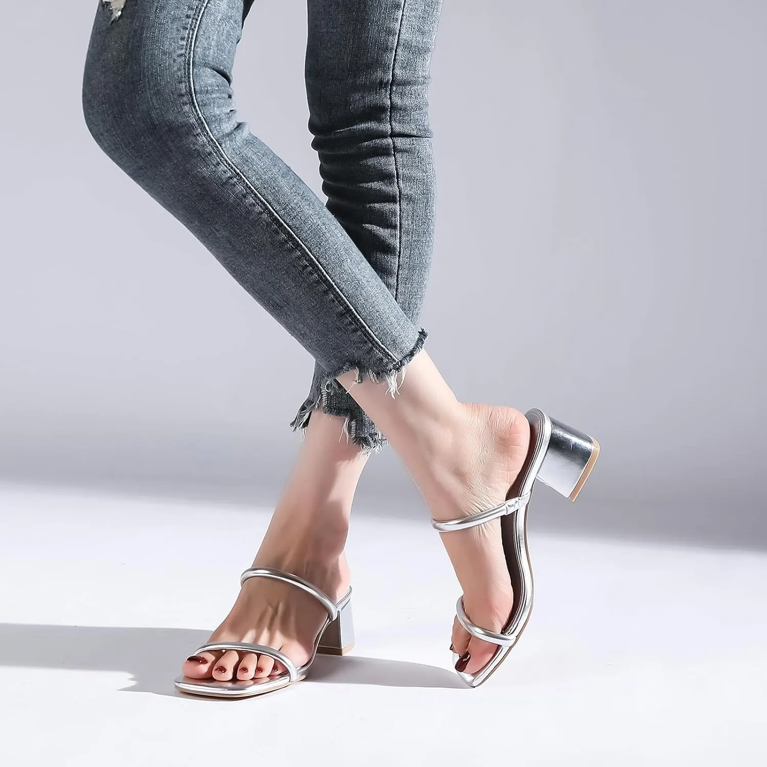 Women's Chunky Block Low Heeled Sandals Two Strap Square Open Toe Slip On Mule Heels