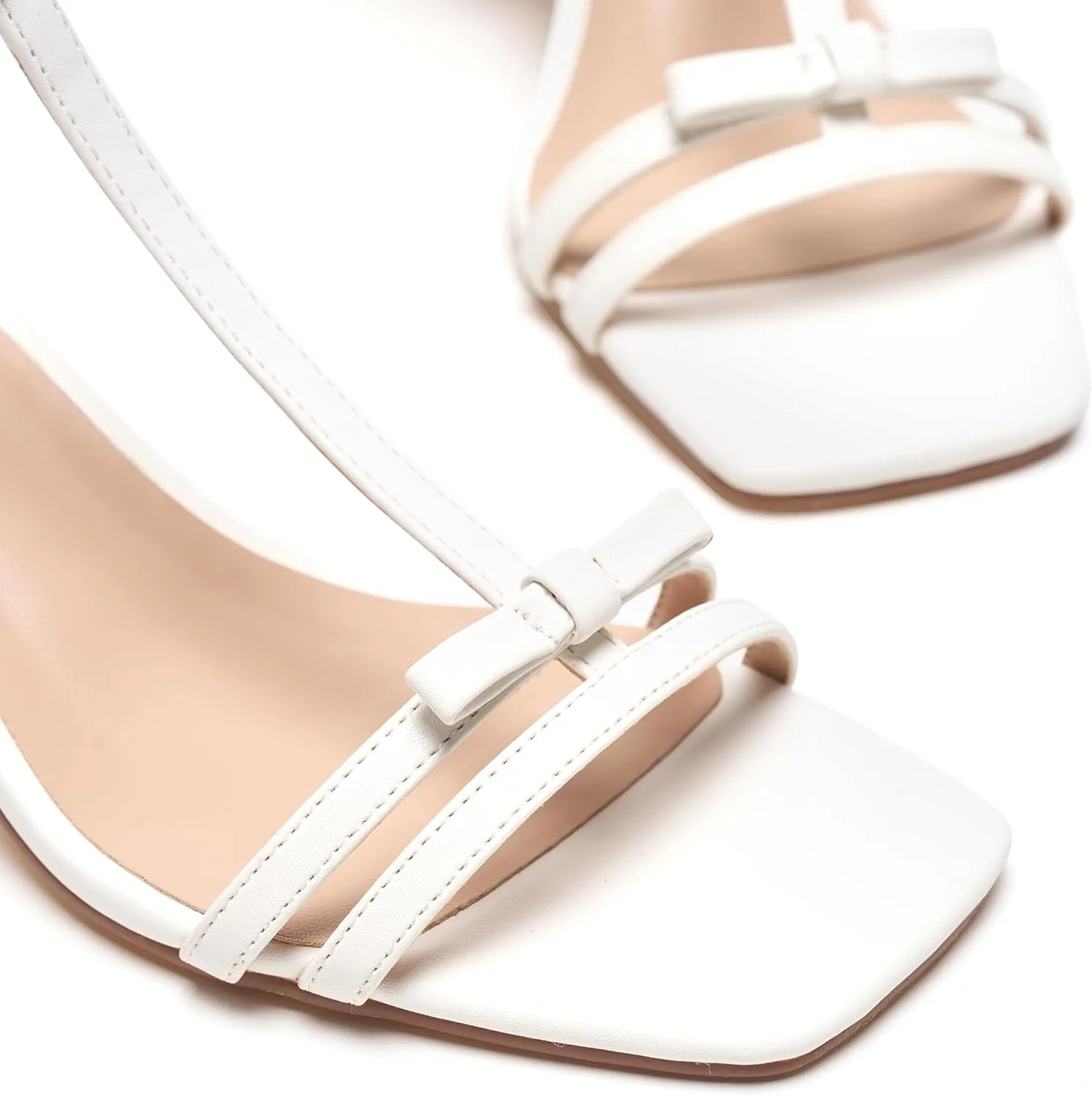Women's Chunky Heel Strappy Sandals - Square Toe T-Strap Bow Detail Block Heels Open Toe Dress Shoes for Wedding, Party, Summer