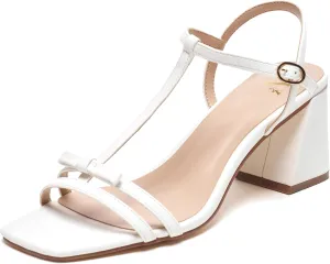Women's Chunky Heel Strappy Sandals - Square Toe T-Strap Bow Detail Block Heels Open Toe Dress Shoes for Wedding, Party, Summer
