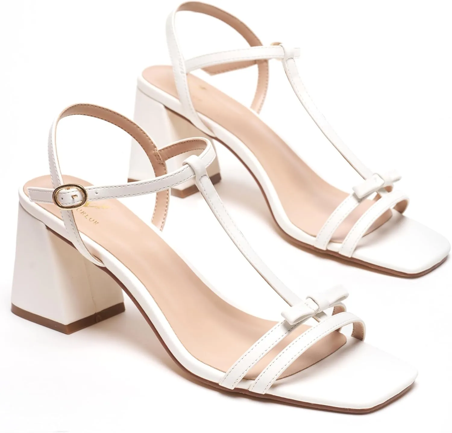 Women's Chunky Heel Strappy Sandals - Square Toe T-Strap Bow Detail Block Heels Open Toe Dress Shoes for Wedding, Party, Summer
