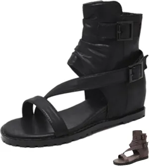 Women's Cross Ankle Strap Gladiator Flat Sandals,Fashion Open Toe with Buckle High Top Back Zipper Roman Sandals