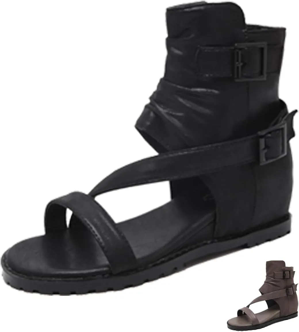 Women's Cross Ankle Strap Gladiator Flat Sandals,Fashion Open Toe with Buckle High Top Back Zipper Roman Sandals
