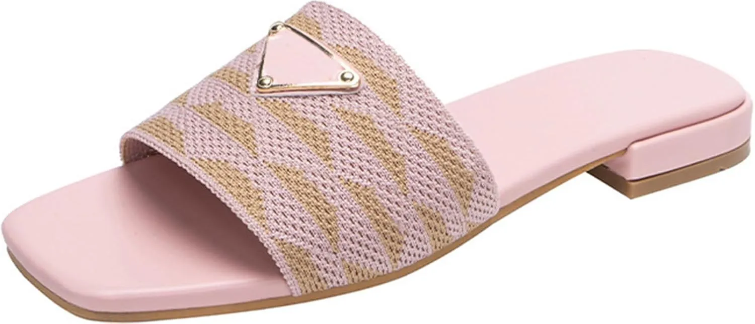 Womens Embroidered Slides Flat Sandals Summer Square Open Toe Beach Fashion Slide Sandals