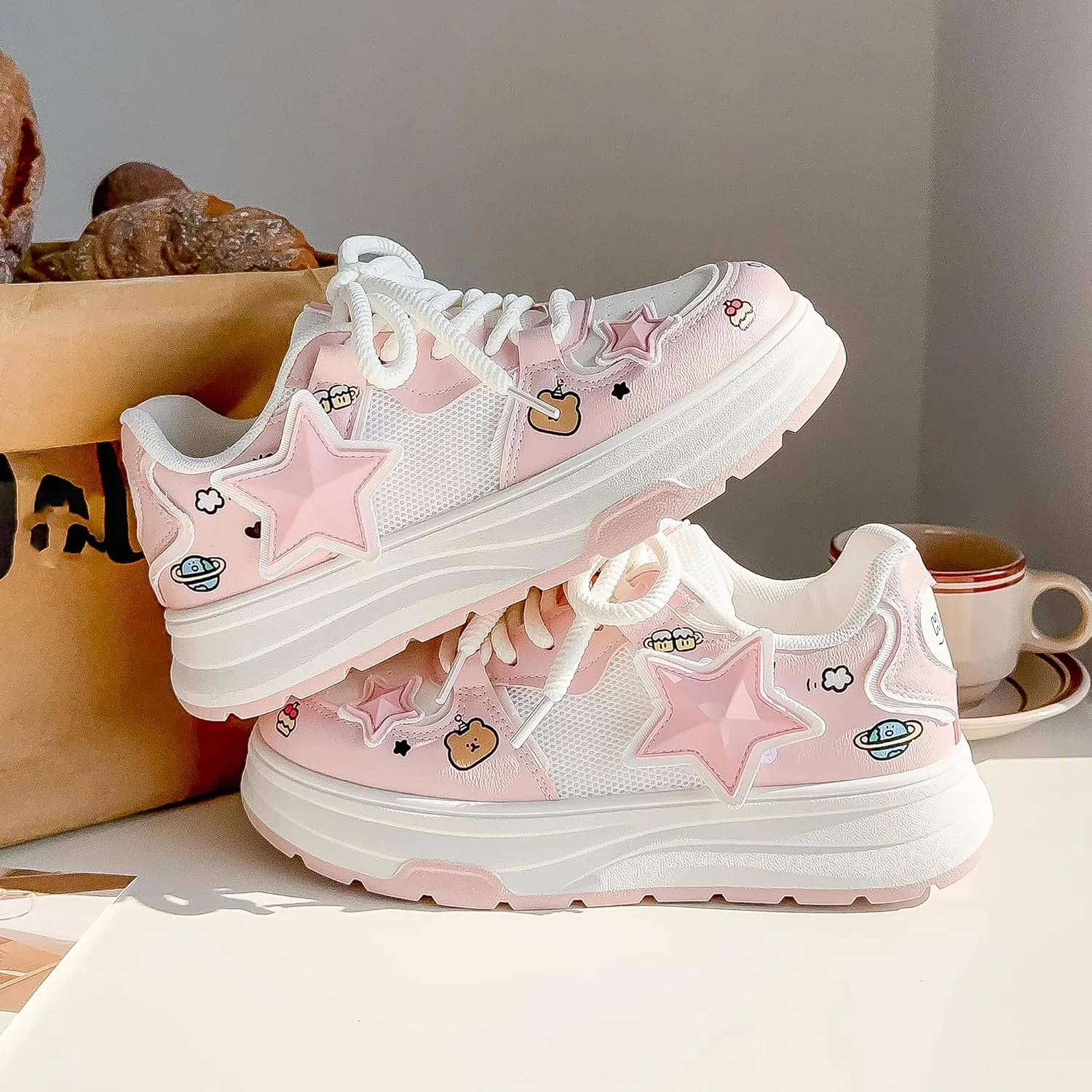 Women's Fashion Platform Sneakers Y2K Star Shoes Breathable Mesh Pink Sneakers Cute Walking Shoes