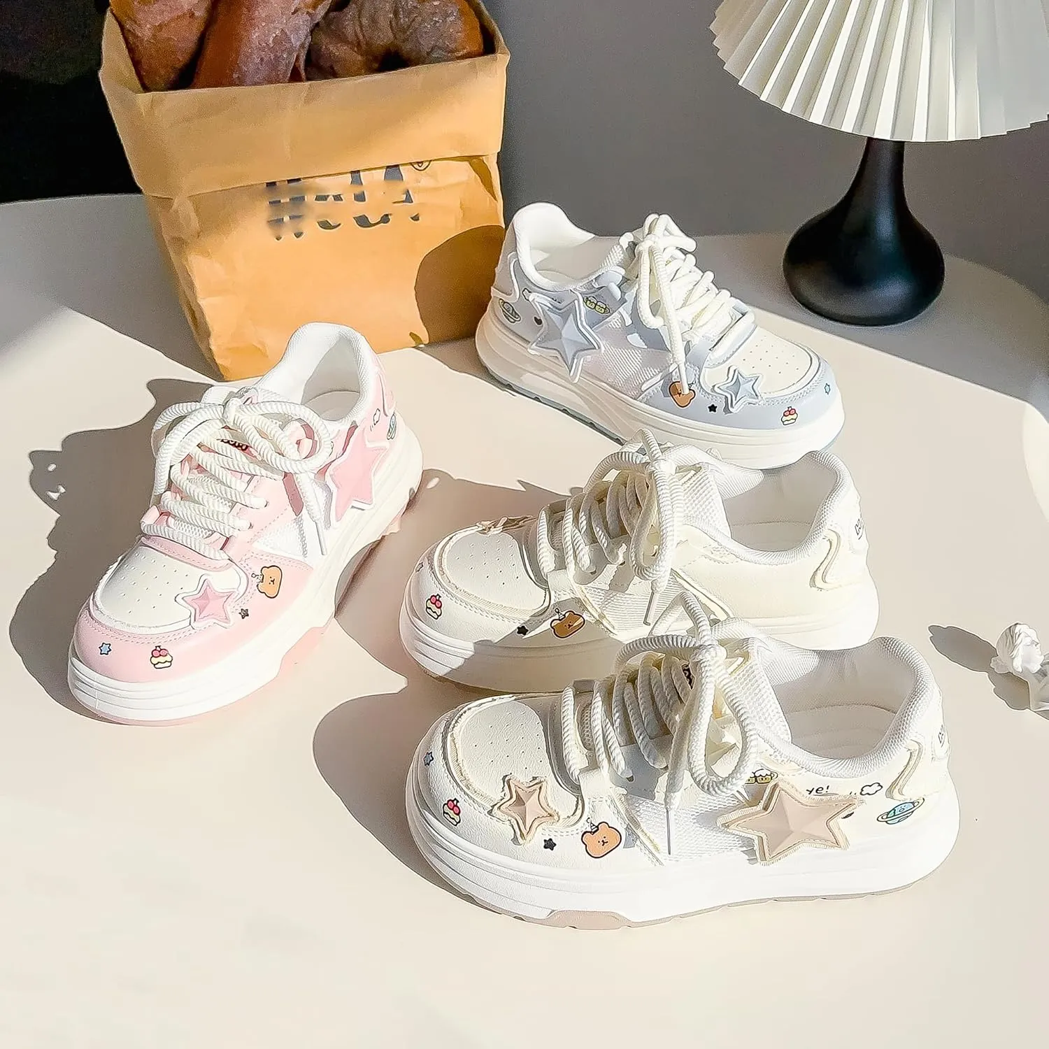 Women's Fashion Platform Sneakers Y2K Star Shoes Breathable Mesh Pink Sneakers Cute Walking Shoes