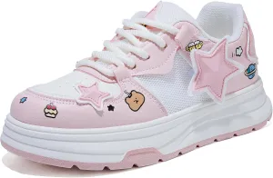 Women's Fashion Platform Sneakers Y2K Star Shoes Breathable Mesh Pink Sneakers Cute Walking Shoes