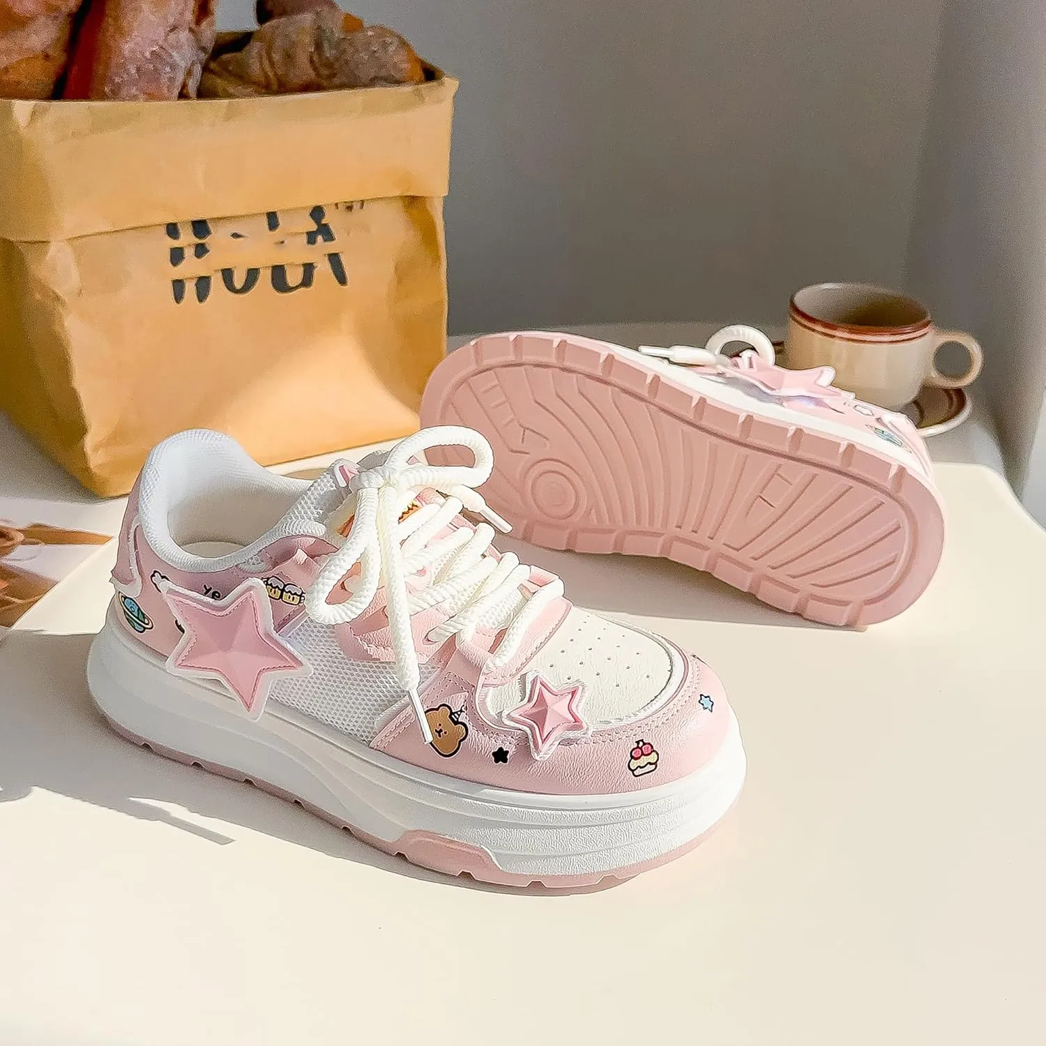 Women's Fashion Platform Sneakers Y2K Star Shoes Breathable Mesh Pink Sneakers Cute Walking Shoes