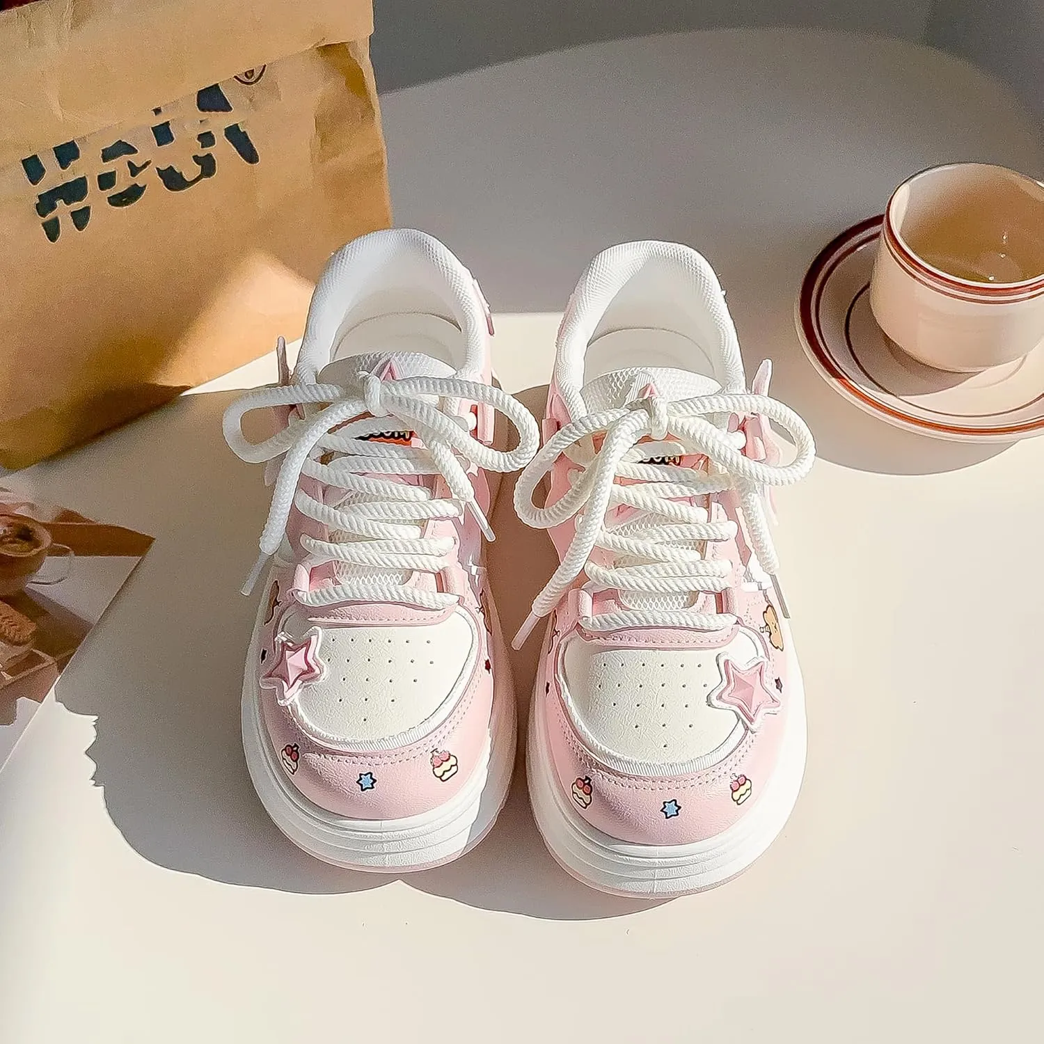 Women's Fashion Platform Sneakers Y2K Star Shoes Breathable Mesh Pink Sneakers Cute Walking Shoes