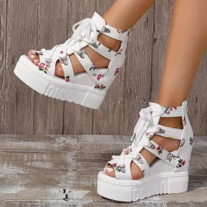 Women's fashion Sandals, Back Zipper Platform Hollow Lace Up Shoes, Summer Breathable Wedge Holiday Shoes