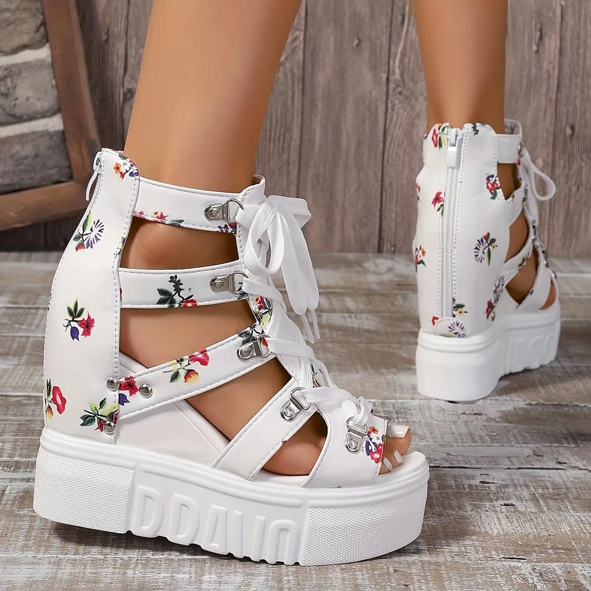 Women's fashion Sandals, Back Zipper Platform Hollow Lace Up Shoes, Summer Breathable Wedge Holiday Shoes