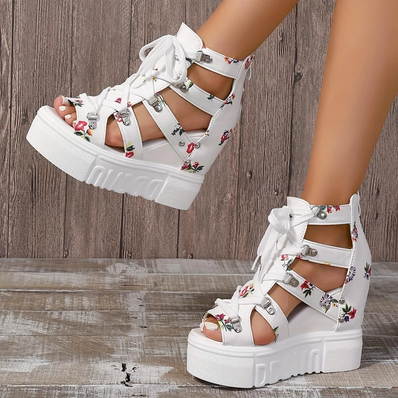 Women's fashion Sandals, Back Zipper Platform Hollow Lace Up Shoes, Summer Breathable Wedge Holiday Shoes